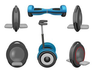 Gyro scooter. Different style of urban eco transport monowheel scooter different points views decent vector realistic illustrations set © ONYXprj