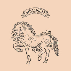 A large set of Wild West, vector illustration, hand-drawn. Girl, horse, heart, horseshoe, boots and much more