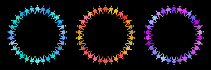 Volunteer insignia collection. Circle people logo set. Colorful multicultural icon. Charity symbol. Vector