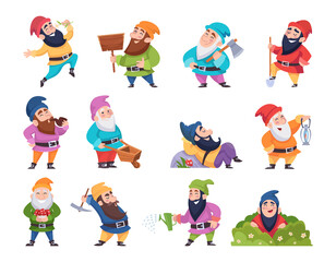 Cartoon dwarf. Mining fantasy gnomes in various poses funny fairytale characters exact vector dwarf illustrations