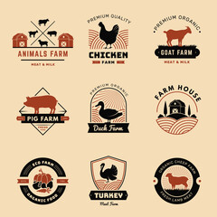 Farm badges. Rural emblems milk meat vegetables and fruits country horses coes pork symbols recent vector templates - obrazy, fototapety, plakaty