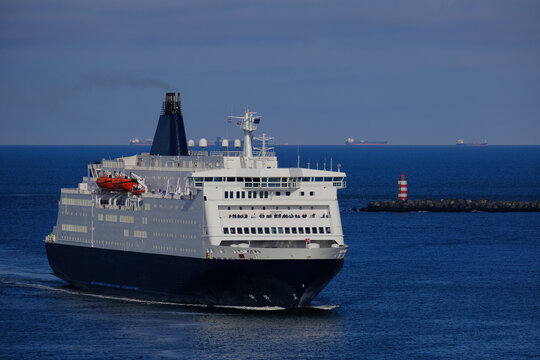 DFDS passenger and cargo roro ferry King Princess Seaways arrival into port of Ijmuiden Amsterdam, Holland from Newcastle, England