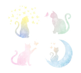 Watercolor cats and butterflies isolated icons