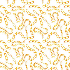 Watercolor seamless pattern. Jewelry different gold chains. Isolated on the white background.