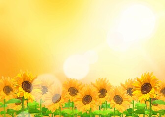 Obraz premium 美しいひまわりの幻想的な初夏フレームーオレンジの光背景ボケイラスト素材 