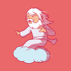 Cute Surfing God Character vector illustration. Sport, faith, funny design concept.