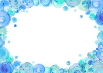水彩画で描いた水色や青色の水玉で涼しげなフレーム素材