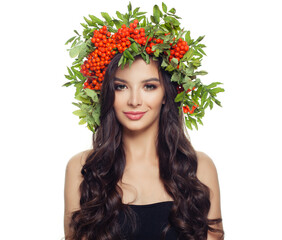 Healthy woman with long brown hair isolated on white background