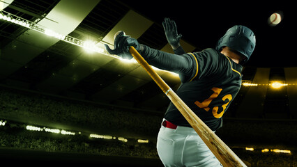 Poster with professional baseball player with baseball bat in action during match in crowed sport stadium at evening time. Sport, win, winner, competition concepts. - Powered by Adobe