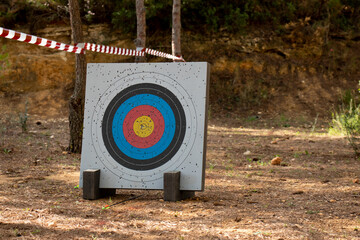 Archery range in the woods. Shooting target full of holes from arrow shots. Arrow on the ground and...