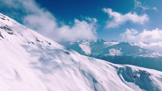 Snowy Summits In Switzerland- The Mont Noble Area Of The Val d'Herens Valley, Valais And The Becca de Lovegno Summit (Left Side) At Daylight- Forward Aerial Shot