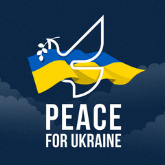 peace for ukraine - waving ukraine national flag with white line on pigeon of peace to flying around on night sky background vector design