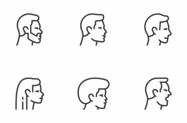 Profile people portraits. Male and female face profiles, side portrait and heads. Set of vector line icons.