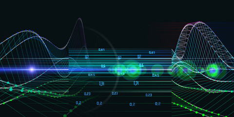 Abstract technology background with color wireframe graph with data. Visual presentation of analytics lines algorithms. Big Data.  Banner for business, science and technology.