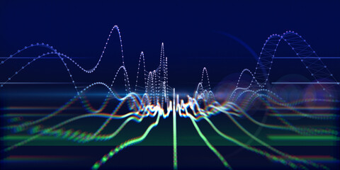 Abstract technology background with wireframe graph from dotted defocus. Visual presentation of analytics algorithms. Big Data.  Banner for business, science and technology.
