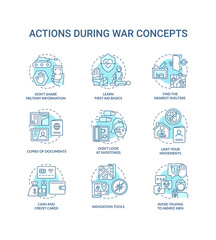 Action during war turquoise concept icons set. Safety and survive. Tips for civilians idea thin line color illustrations. Isolated symbols. Editable stroke. Roboto-Medium, Myriad Pro-Bold fonts used