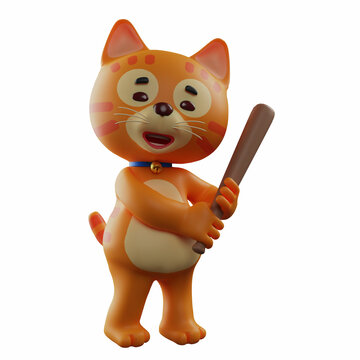 3D Cat Cartoon Character with a softball stick