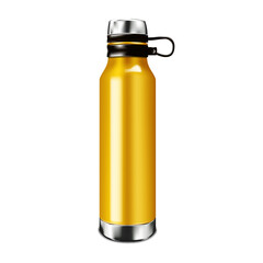 Blank insulated water bottle isolated on white background, realistic vector mock-up. Stainless steel color shiny metal sport flask, mockup. Template for design