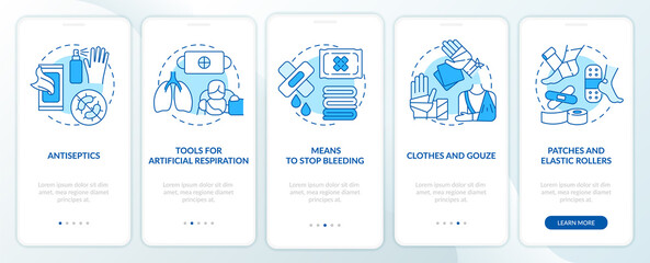 First aid kit blue onboarding mobile app screen. Surviving at war walkthrough 5 steps graphic instructions pages with linear concepts. UI, UX, GUI template. Myriad Pro-Bold, Regular fonts used