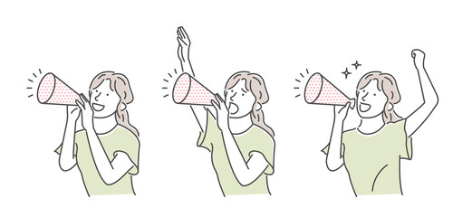 Vector illustration of a young woman making a loud voice using a megaphone