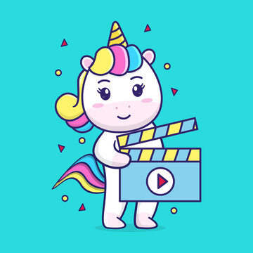 cute unicorn carrying clapper board, suitable for children's books, birthday cards, valentine's day, stickers, book covers, greeting cards, printing. 