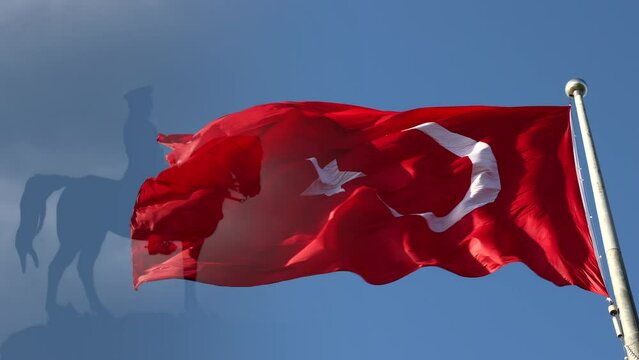 Victory Day or 30 agustos Zafer Bayrami of Turkey background video. Ataturk Monument and waving Turkish Flag.