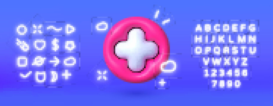 Medical cross round button. Cross Neon Sign. Plus sign, great design for any purposes. Cross symbol. 3d vector render concept