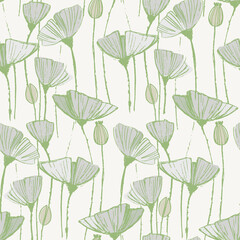Seamless pattern with hand drawn poppy flowers for craft, apparel, design and other design projects. Line art