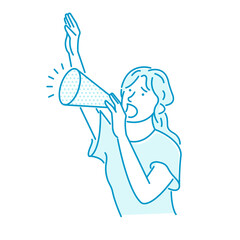Vector illustration of a young woman making a loud voice using a megaphone