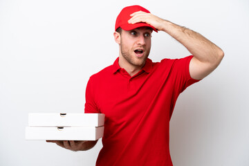 Pizza delivery caucasian man with work uniform picking up pizza boxes isolated on white background...
