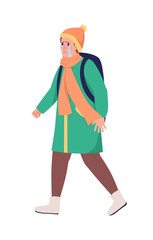 Refugee boy with backpack running away from war semi flat color vector character. Sobbing figure. Full body person on white. Simple cartoon style illustration for web graphic design and animation
