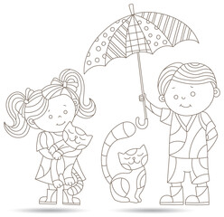 A set of contour illustrations in the style of stained glass with a boy and a girl under an umbrella, figures isolated on a white background