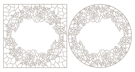 A set of contour illustrations in the style of stained glass with flower frames, dark contours on a white background