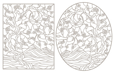 A set of contour illustrations in the style of stained glass with sakura branches, dark contours on a white background