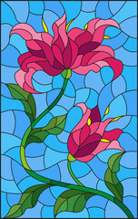 Illustration in the style of a stained glass window with a pink lily flower on a blue background, rectangular image