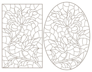 A set of contour illustrations in the style of stained glass with lily flowers, trees isolated on a white background