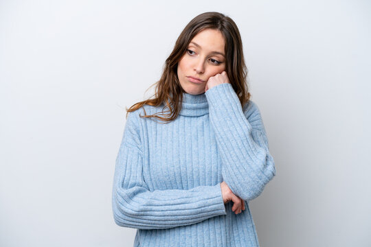 Young Caucasian Woman Isolated On White Background With Tired And Bored Expression