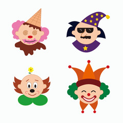 Variety of cute cartoon clown face characters. Ice cream clowns, magic clowns, flower clowns and circus clowns.