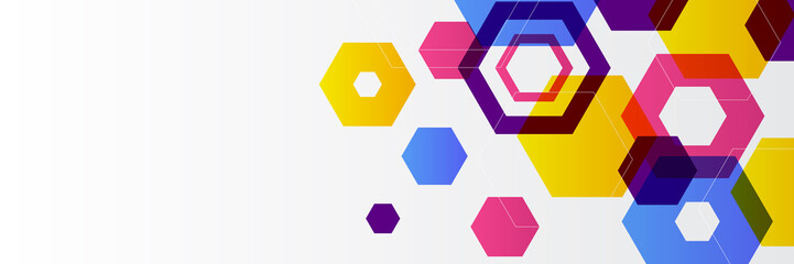 Abstract hexagon colorful banner background. Gradient dynamic vibrant geometric vector abstract graphic design banner pattern background template web landing page.