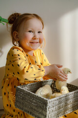 Girl in a yellow dress with a basket of chickens