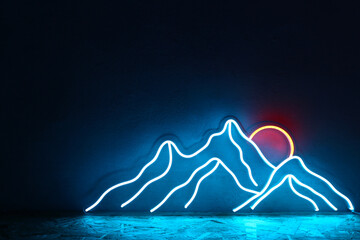 Blue neon sign mountains and sun. Trendy style. Neon sign. Custom neon. Home decor.