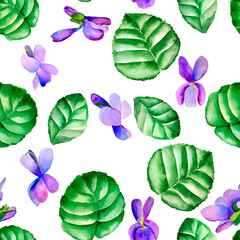 Violet wild flowers and leaves watercolor seamless pattern. Hand drawn purple petals illustration on isolated background. Gentle and bright summer background. For fabric and wallpaper.	