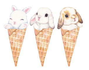 cute baby bunny in ice cream cone watercolor set, isolated elements on white background