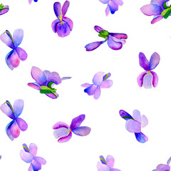 Violet wild flowers watercolor seamless pattern. Hand drawn purple flowers illustration on isolated background. Gentle and bright summer background. For fabric and wallpaper.	
