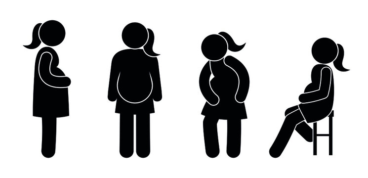 pregnant woman icon, set of isolated stick figure pictograms, girl with big belly