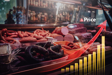 Shot of meat shop counter with row of fresh quality meat with graphs and arrow. Growth of prices.
