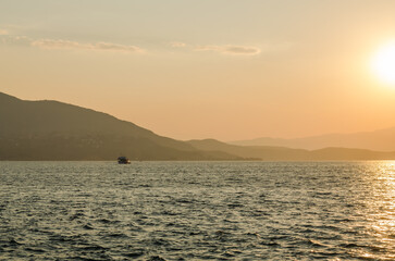 Evia island, Greece - July 01. 2020: Sunset on the island of Evia, Greece.
