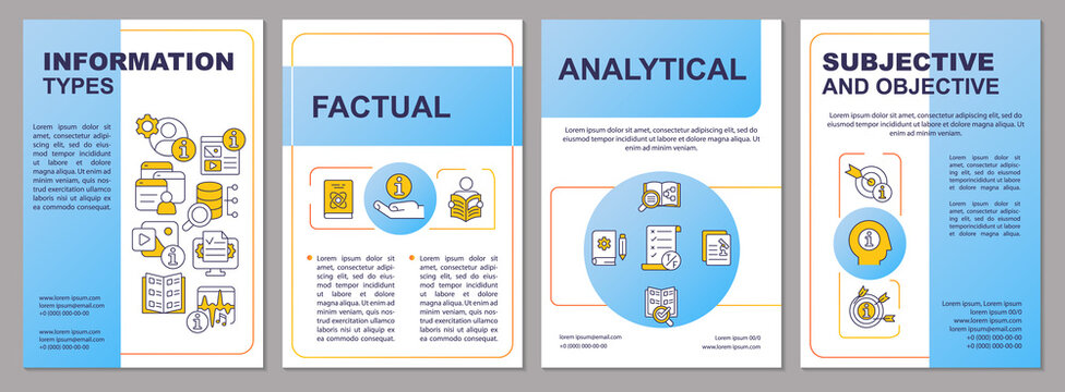 Major types of information blue brochure template. Subjective and objective. Leaflet design with linear icons. 4 vector layouts for presentation, annual reports. Arial, Myriad Pro-Regular fonts used