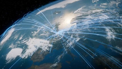 Earth in Space. Blue Lines connect London, UK with Cities across the World. International Travel or Networking Concept.