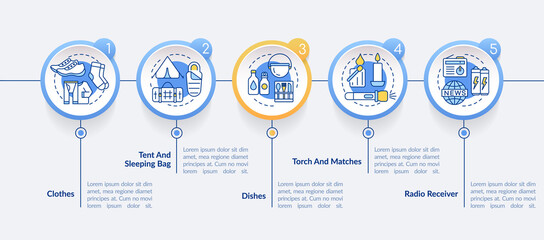 Things to put in surviving backpack circle infographic template. Data visualization with 5 steps. Process timeline info chart. Workflow layout with line icons. Lato-Bold, Regular fonts used